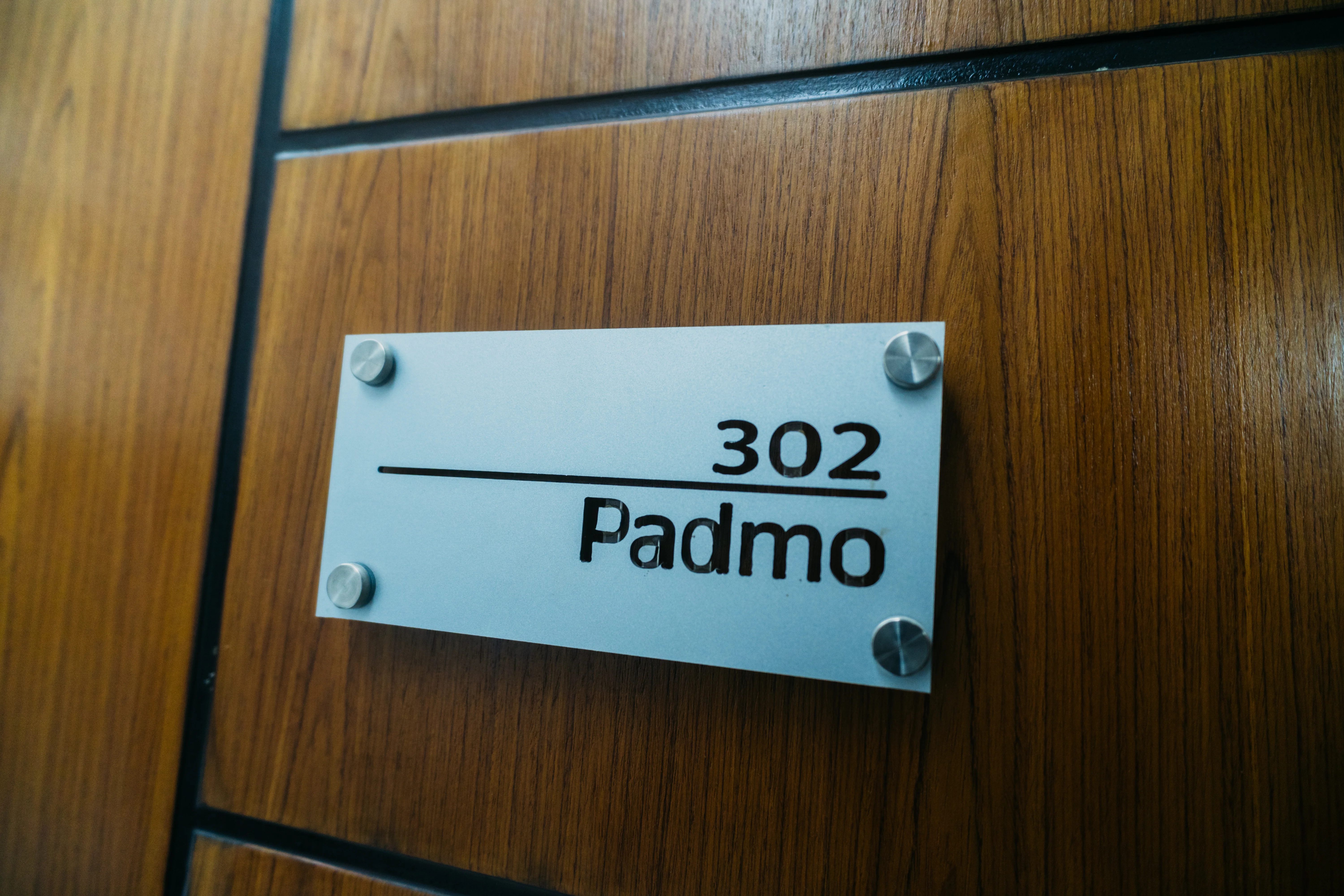 This image depicts a guest room door plaque for Sky Lawn Hotel's Room 302, featuring a light blue...