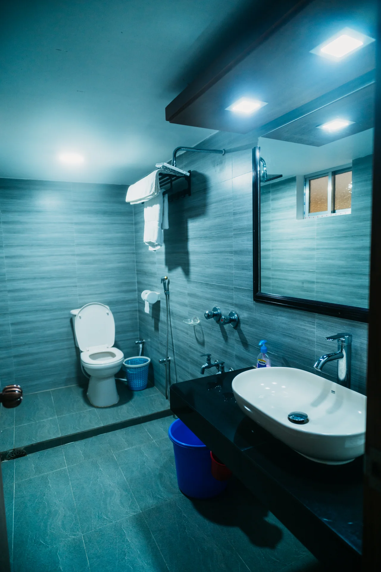 Sky Lawn Hotel’s modern bathroom offers a bright, spa-like sanctuary featuring a large bathtub, g...